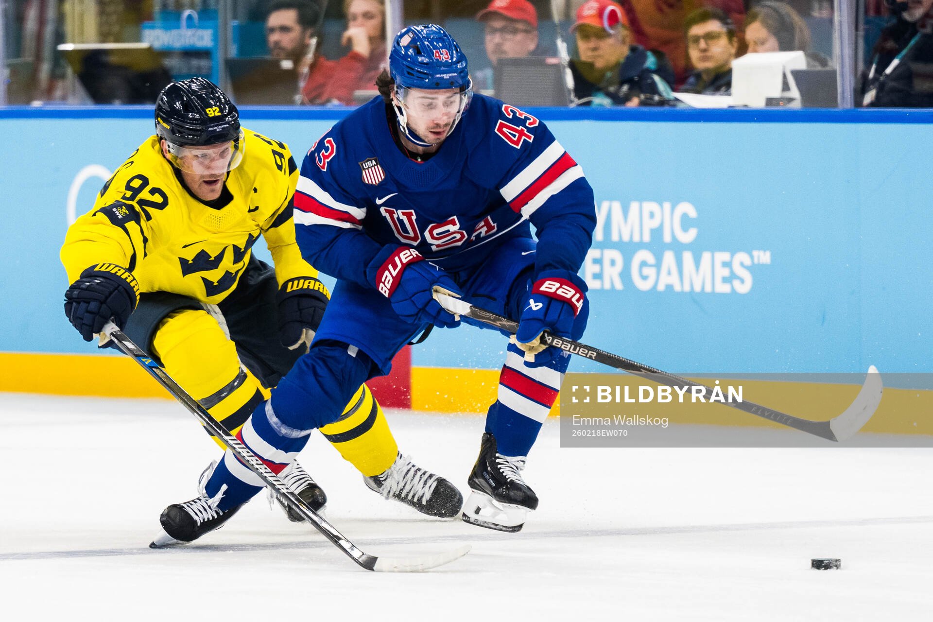 Gabriel Landeskog of Sweden and Quinn Hughes of USA in the