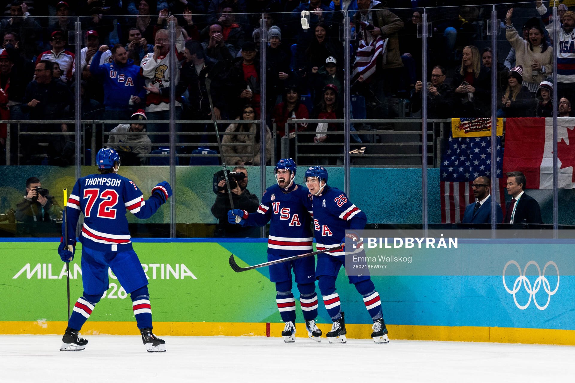 Dylan Larkin and Charlie McAvoy of USA celebrate