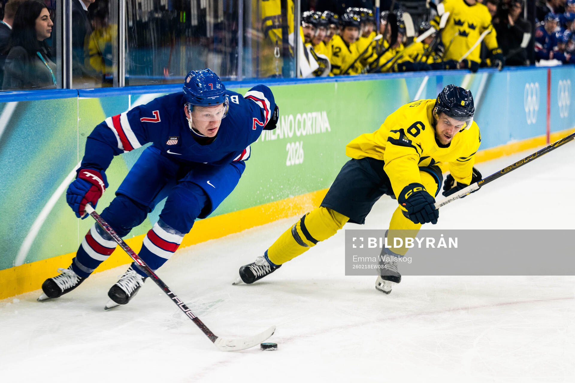 Brady Tkachuk of USA and Philip Broberg of Sweden in the