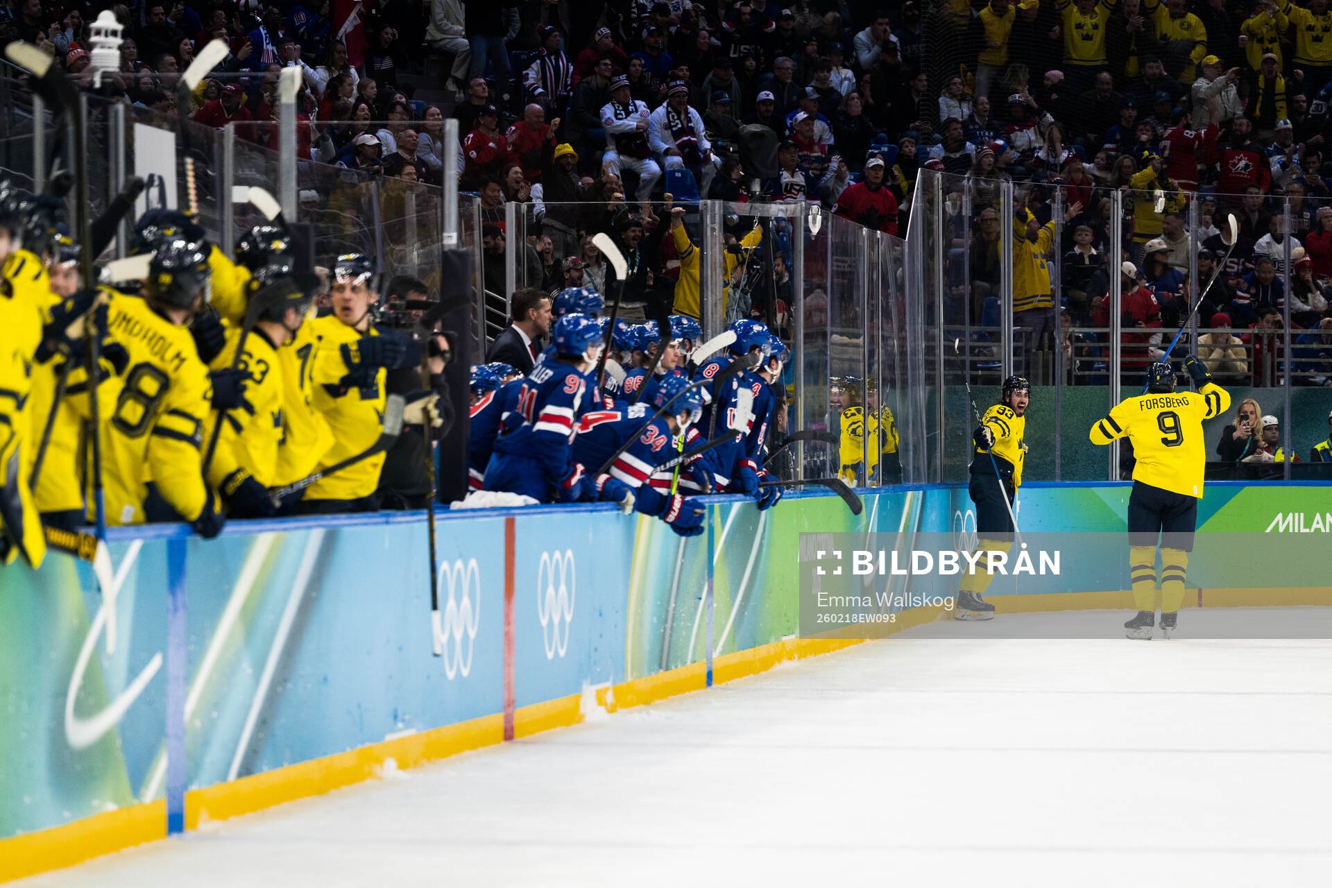 Mika Zibanejad and Filip Forsberg of Sweden celebrate