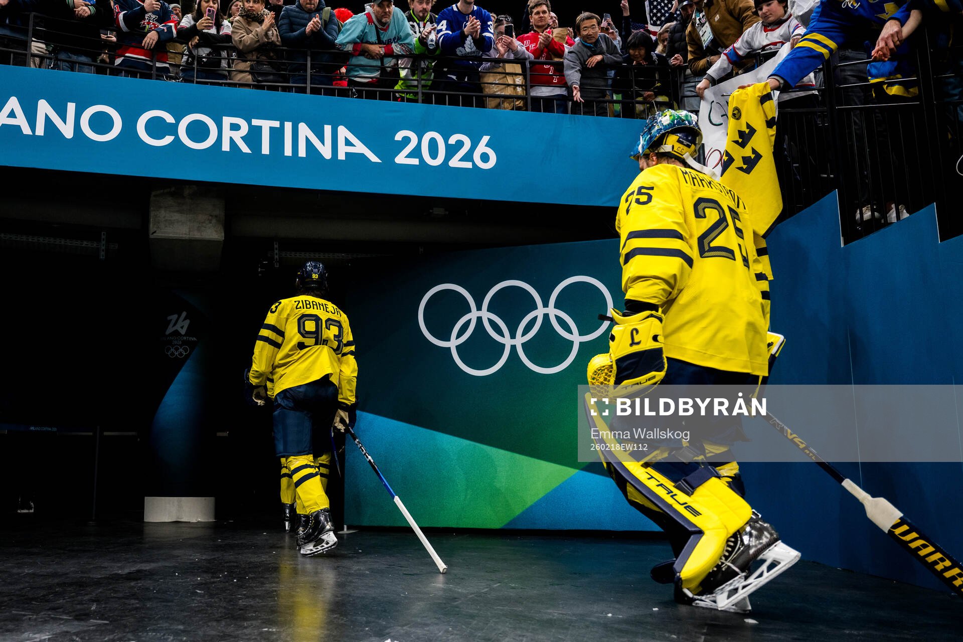 Mika Zibanejad and goaltender Jacob Markström of Sweden