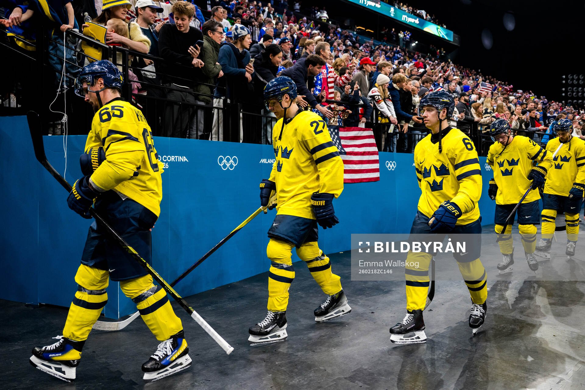 Erik Karlsson, Hampus Lindholm and Jesper Bratt of Sweden