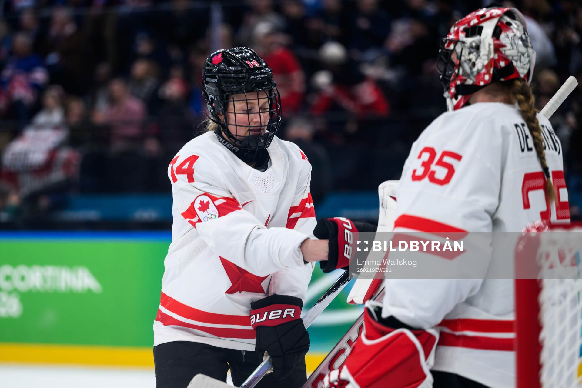 Renata Fast and goaltender Ann-Renee Desbiens of Canada in