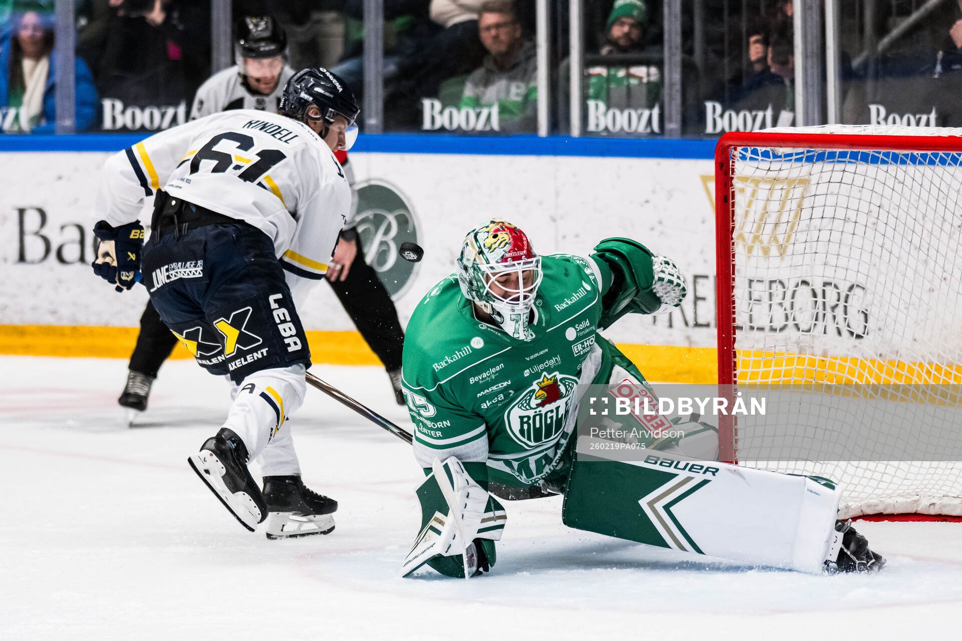 HV71s Axel Rindell och Rögles målvakt Arvid Holm