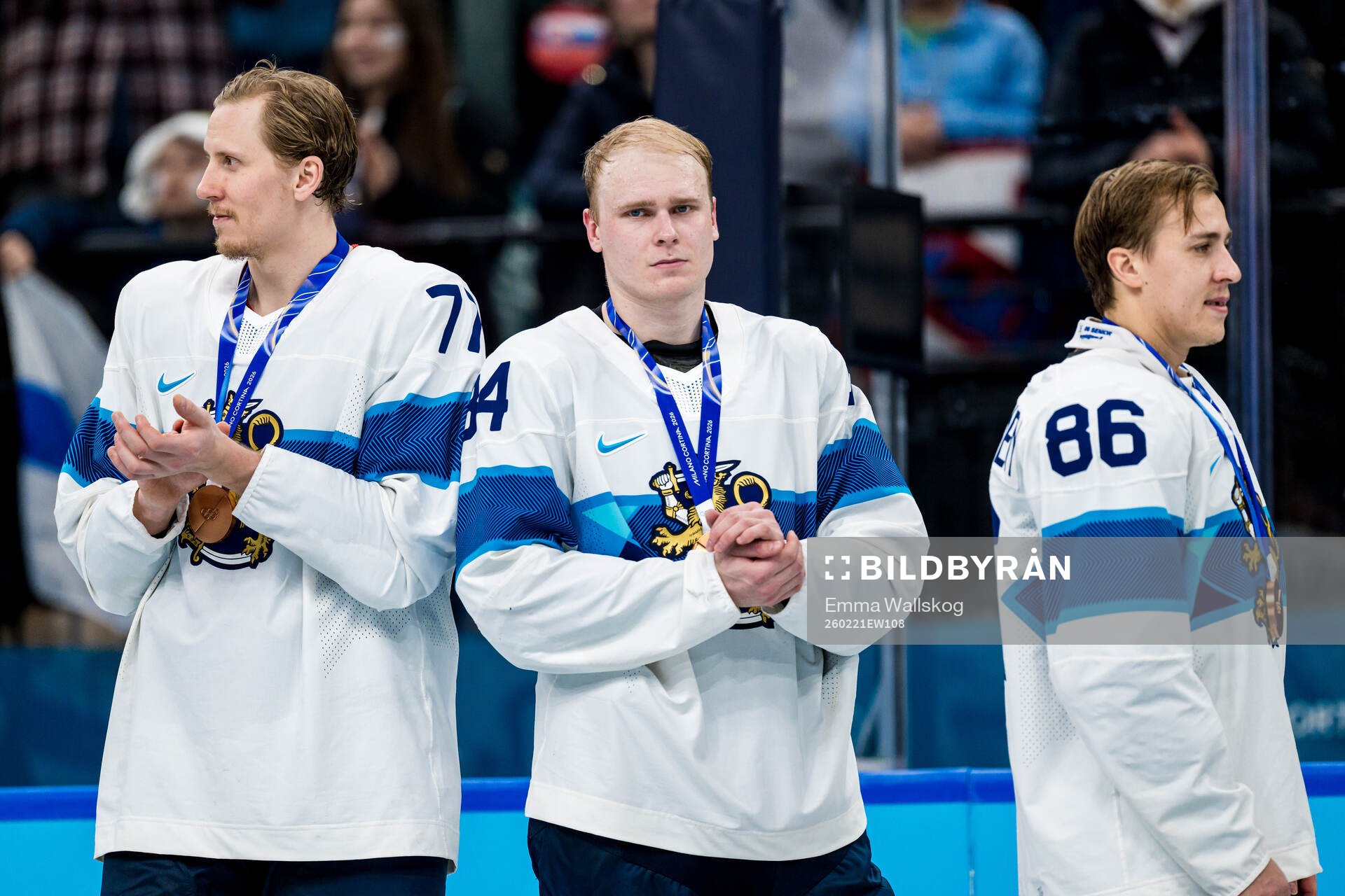 N Niko Mikkola and Kaapo Kakko of Finland with their bronze