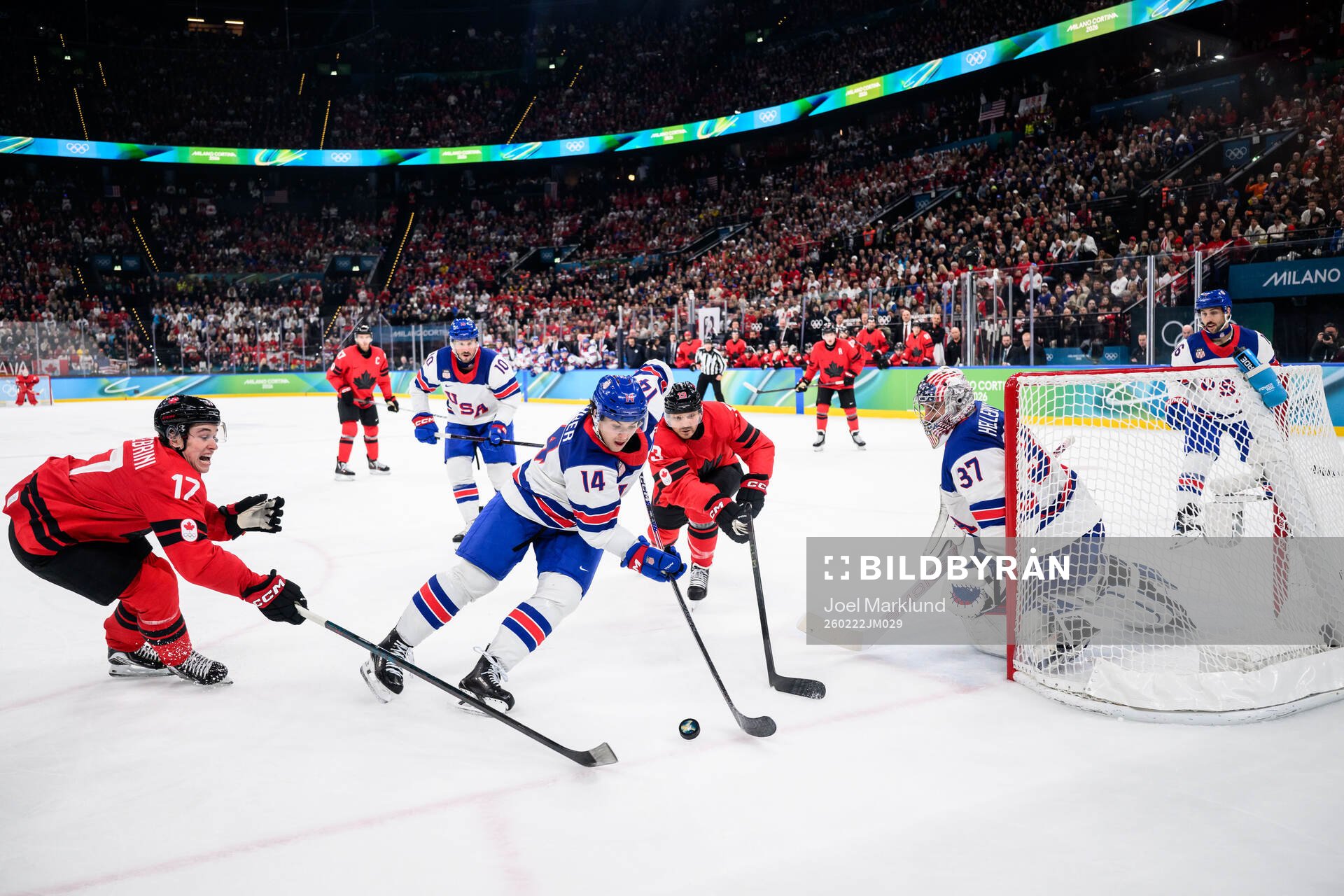 Macklin Celebrini and Sam Reinhart of Canada against Brock