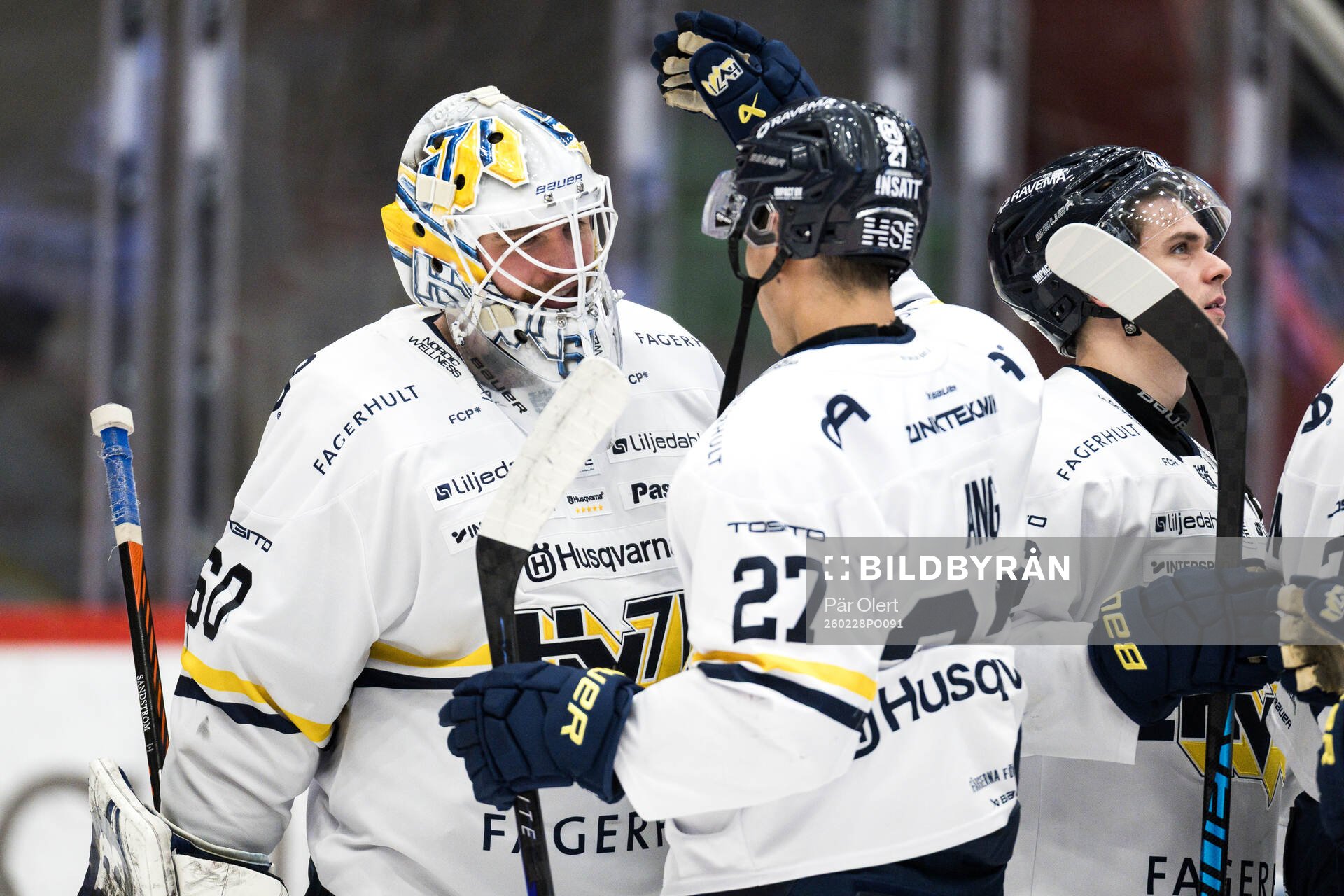 HV71s målvakt Felix Sandström och Jonathan Ang jublar