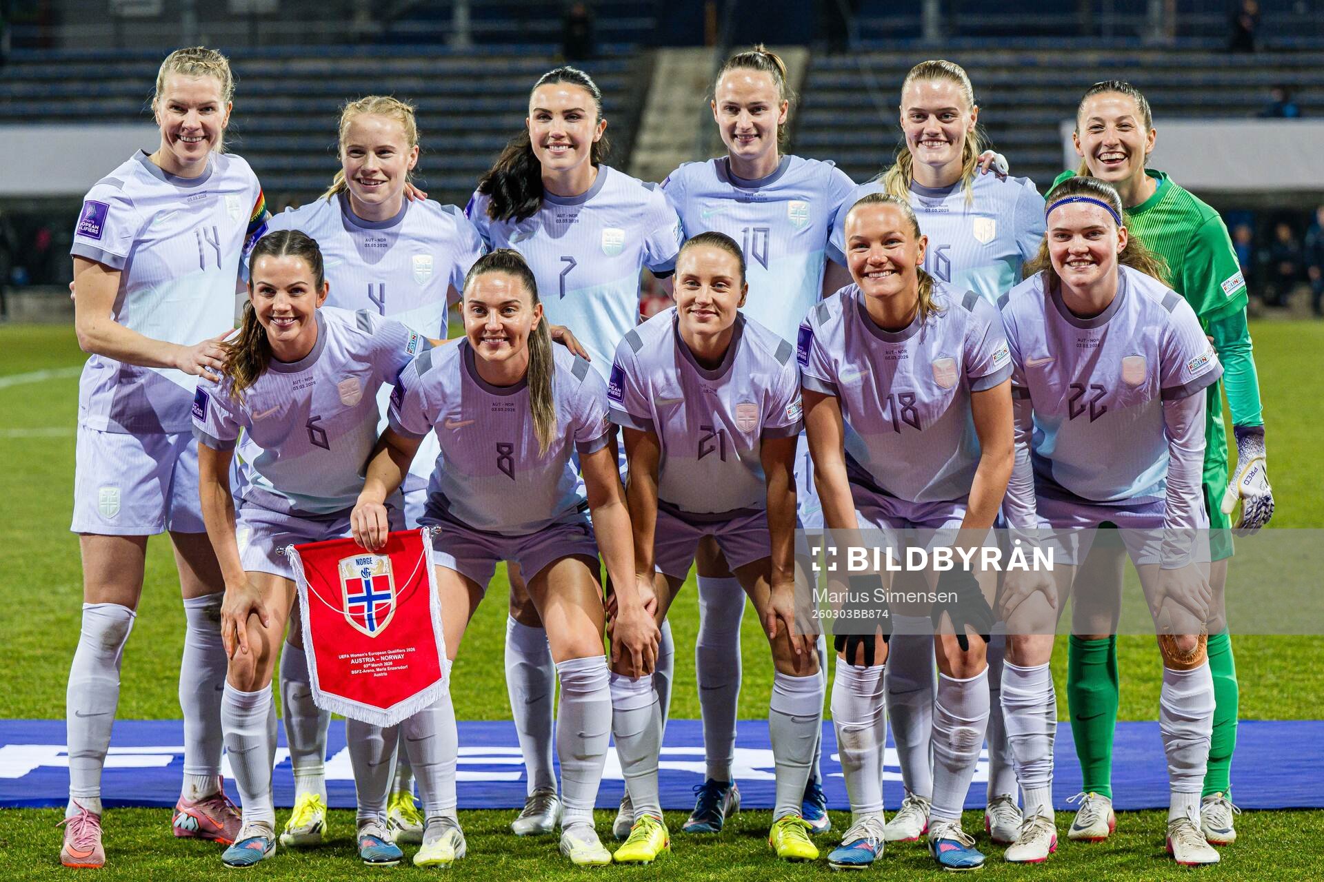 The starting eleven of Norway, from the top left; Ada