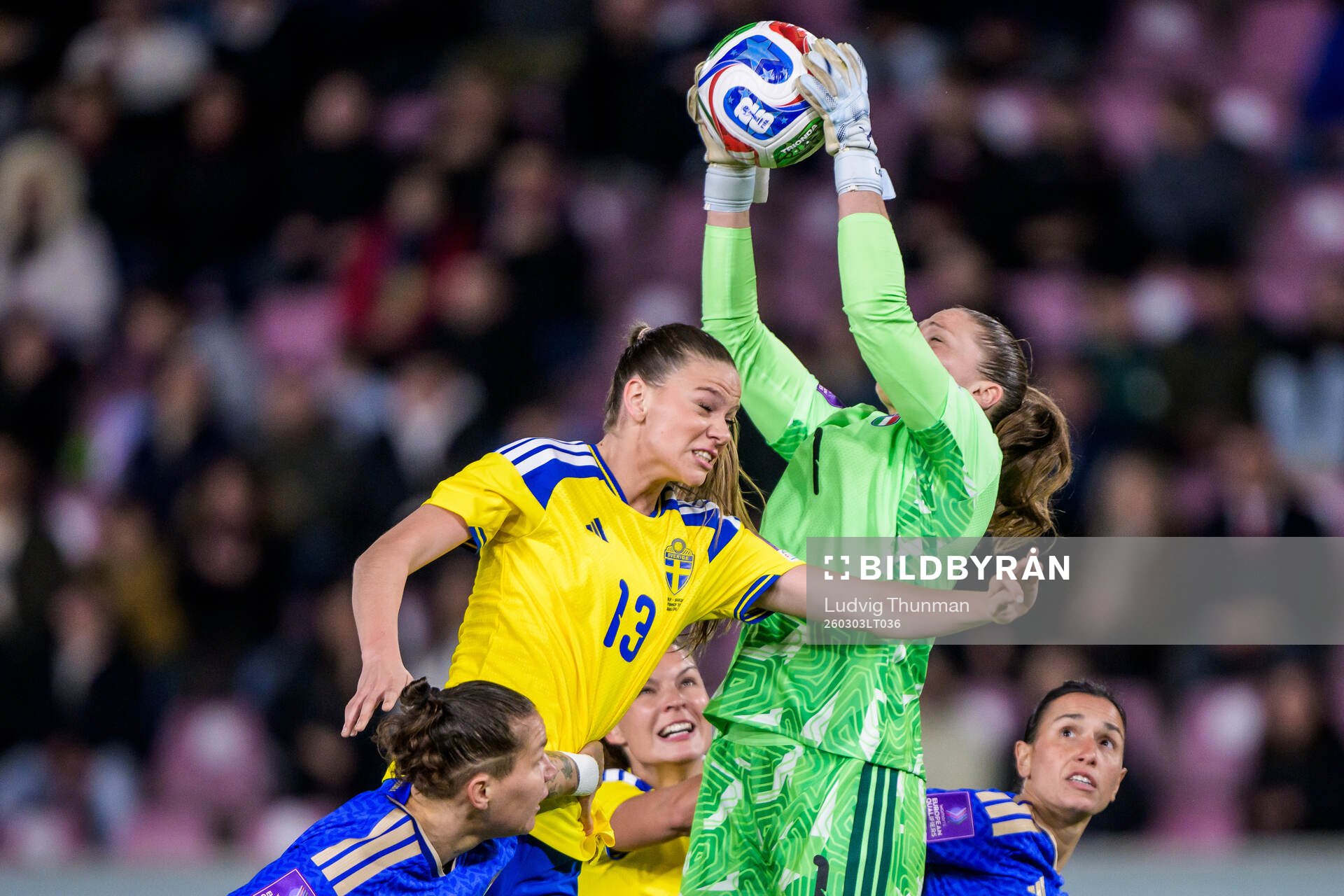 Bella Andersson of Sweden and goalkeeper Laura Giuliani of