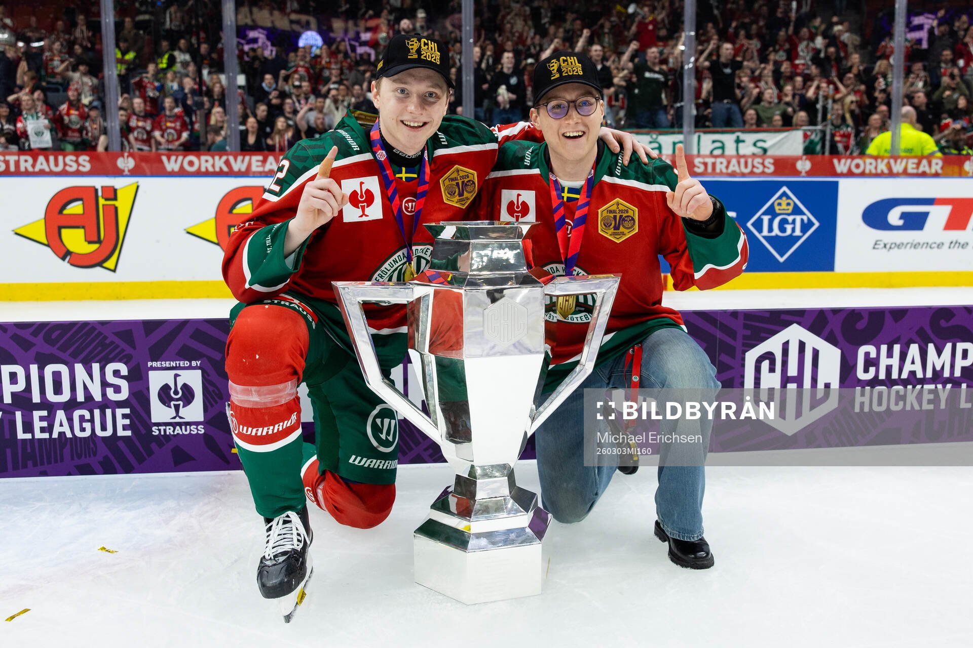 Noah Hasa and Filip Hasa of Frölunda celebrate with the