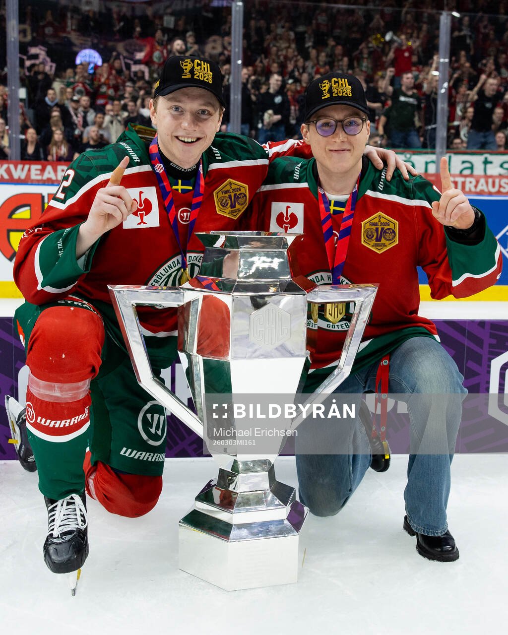 Noah Hasa and Filip Hasa of Frölunda celebrate with the