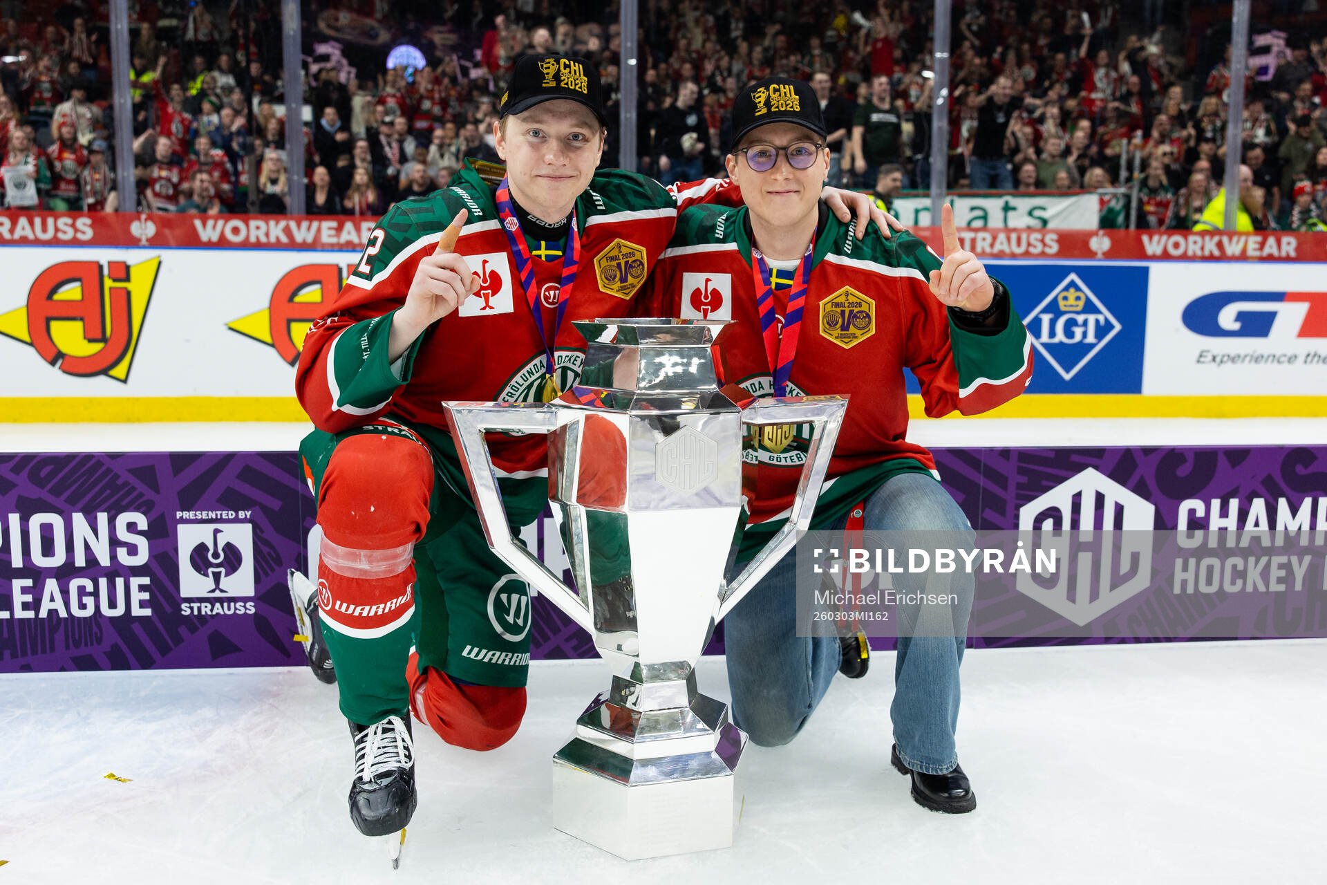 Noah Hasa and Filip Hasa of Frölunda celebrate with the