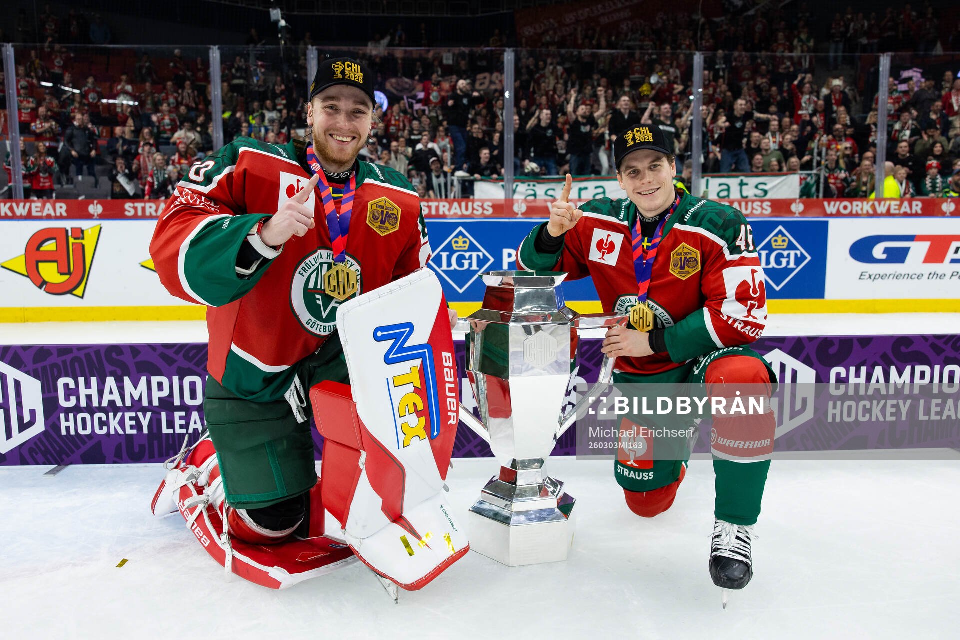 Goaltender Tobias Normann and Dominik Egli  of Frölunda