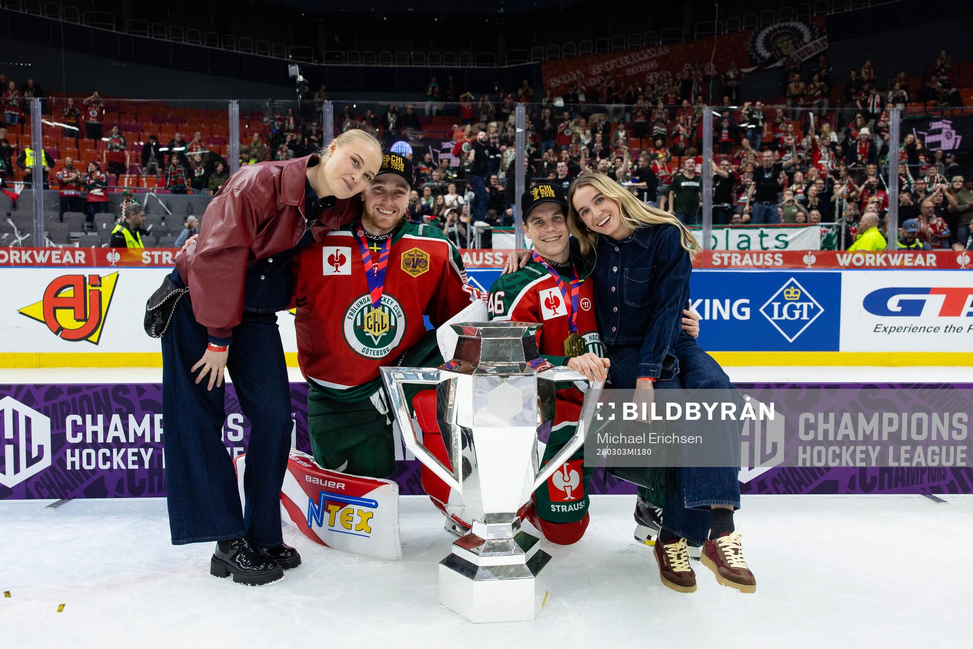 goaltender Tobias Normann and Dominik Egli of Frölunda and