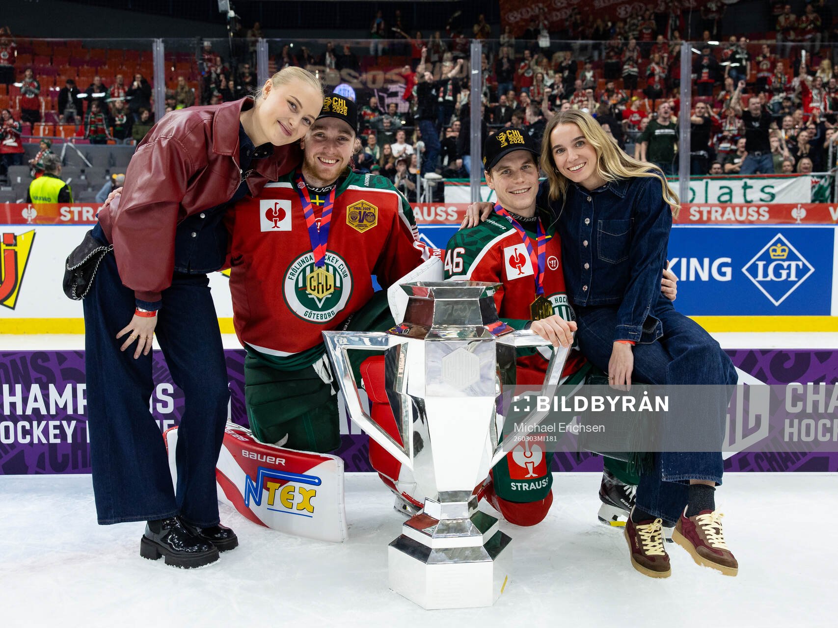 goaltender Tobias Normann and Dominik Egli of Frölunda and
