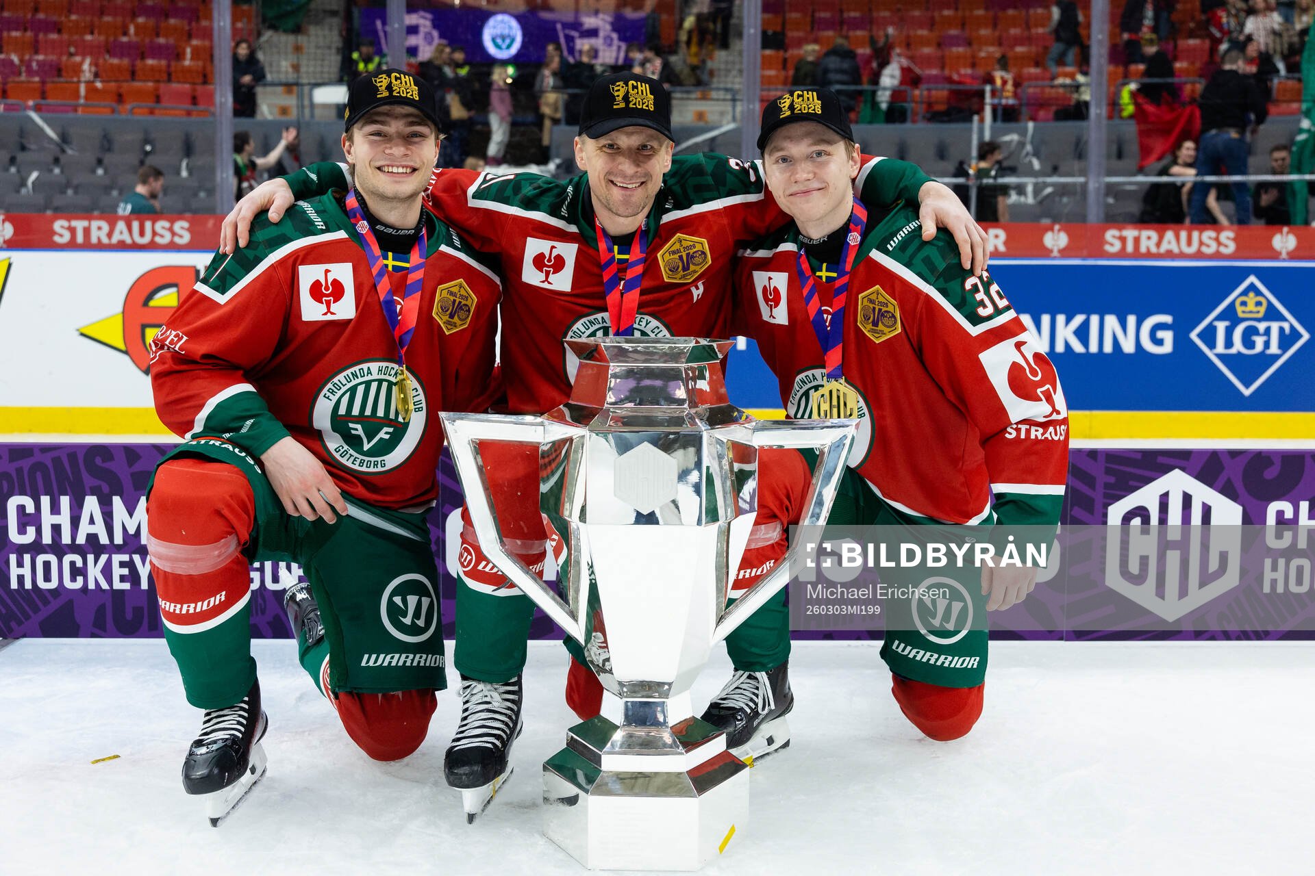 Isac Born, Nicklas Lasu and Noah Hasa of Frölunda