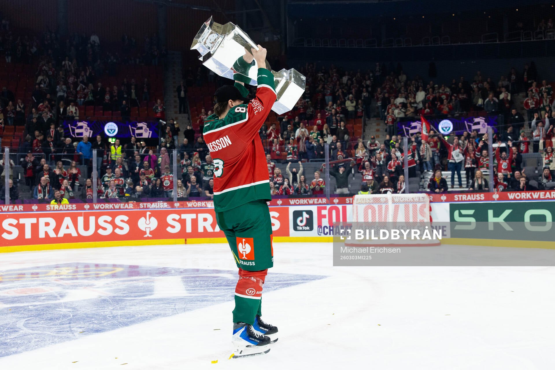 Samuel Johannesson of Frölunda celebrates with the trophy