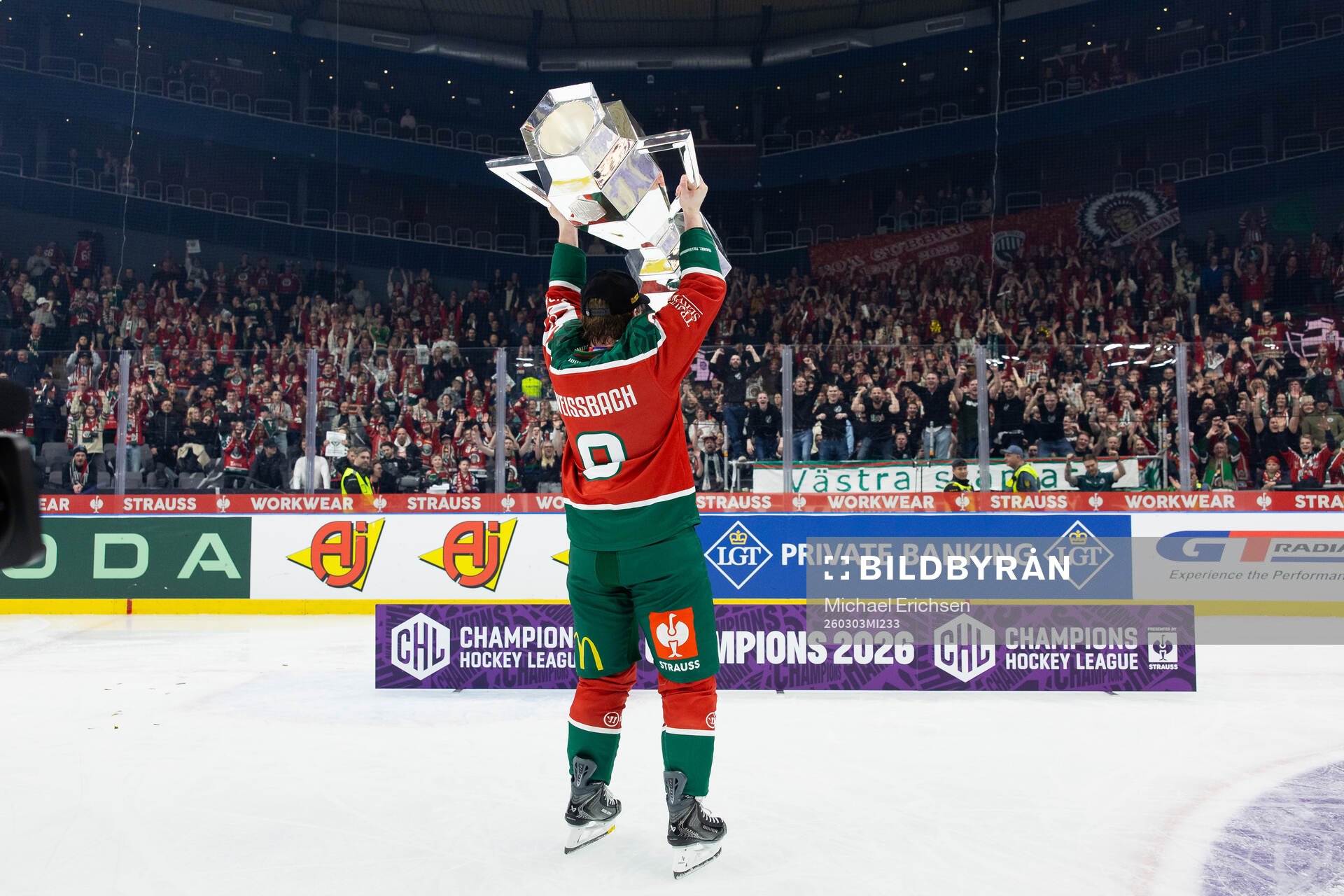 Linus Weissbach of Frölunda celebrates with the trophy