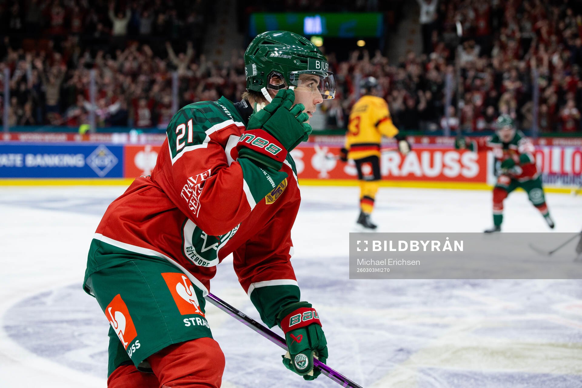 Jere Innala of Frölunda celebrates scoring the decisive