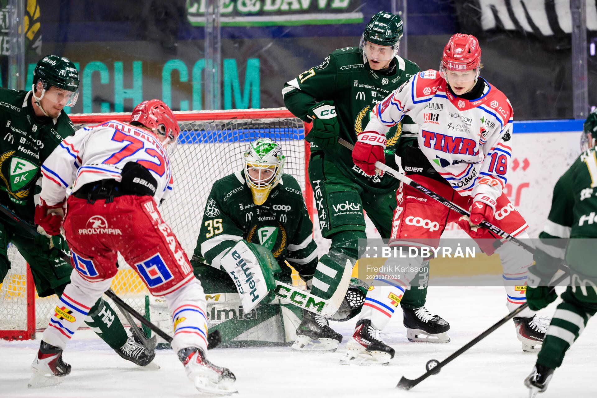 Färjestads Adam Ollas Mattsson, målvakt Melker Thelin,