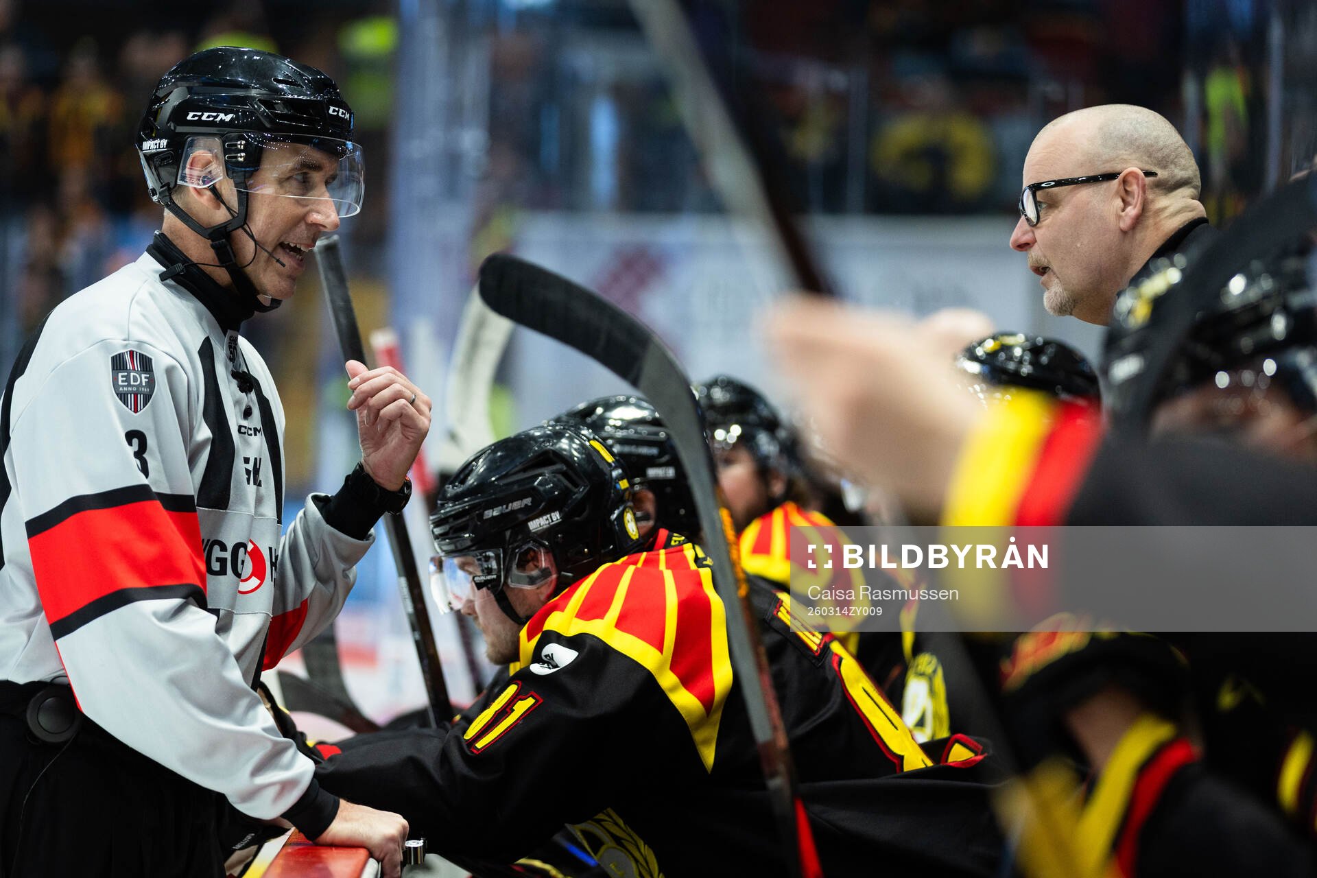 Domare Linus Öhlund pratar med Brynäs tränare Niklas