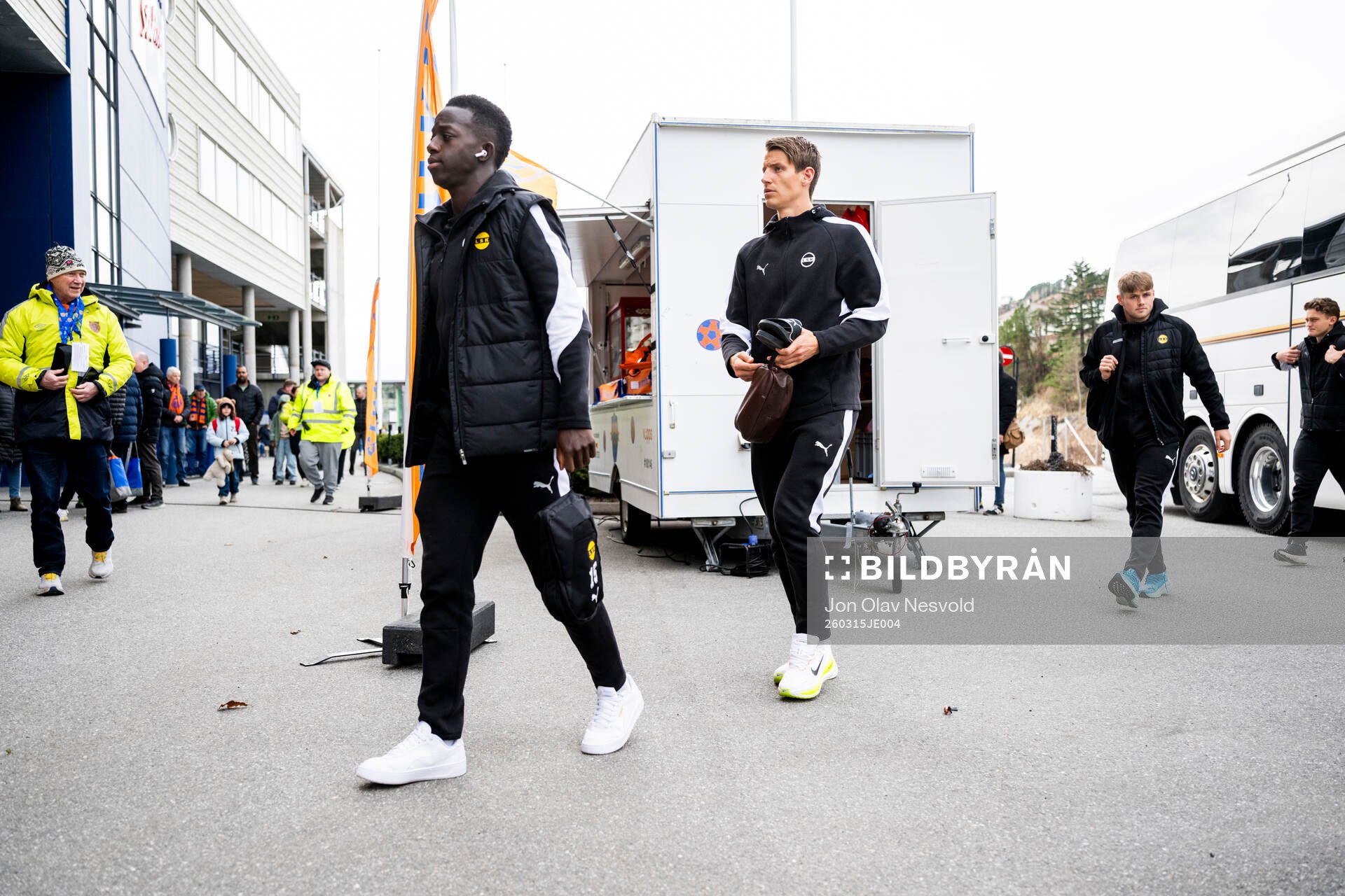 Salieu Drammeh and Thomas Lehne Olsen of Lillestrøm arrive