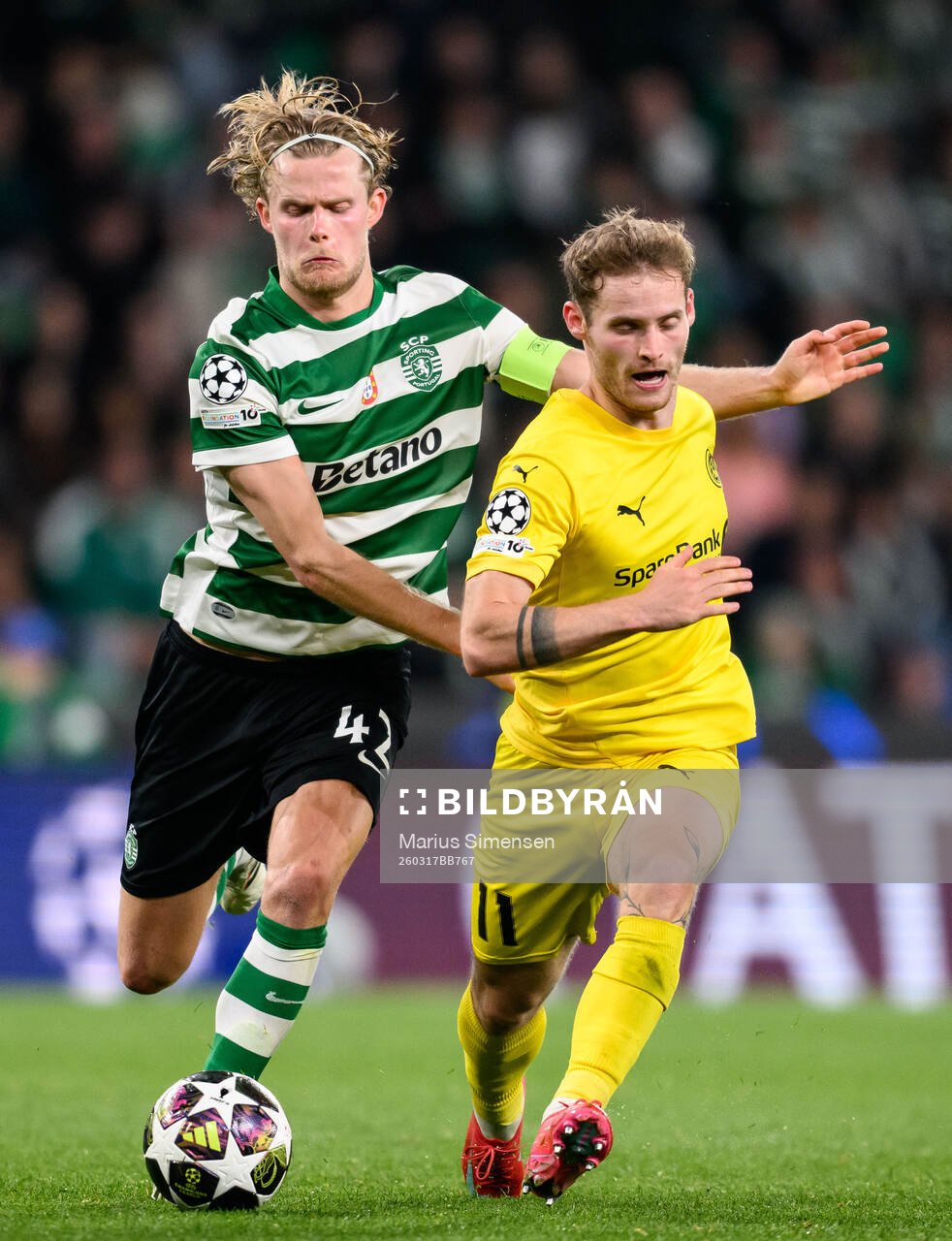 Morten Hjulmand of Sporting and Ole Didrik Blomberg of