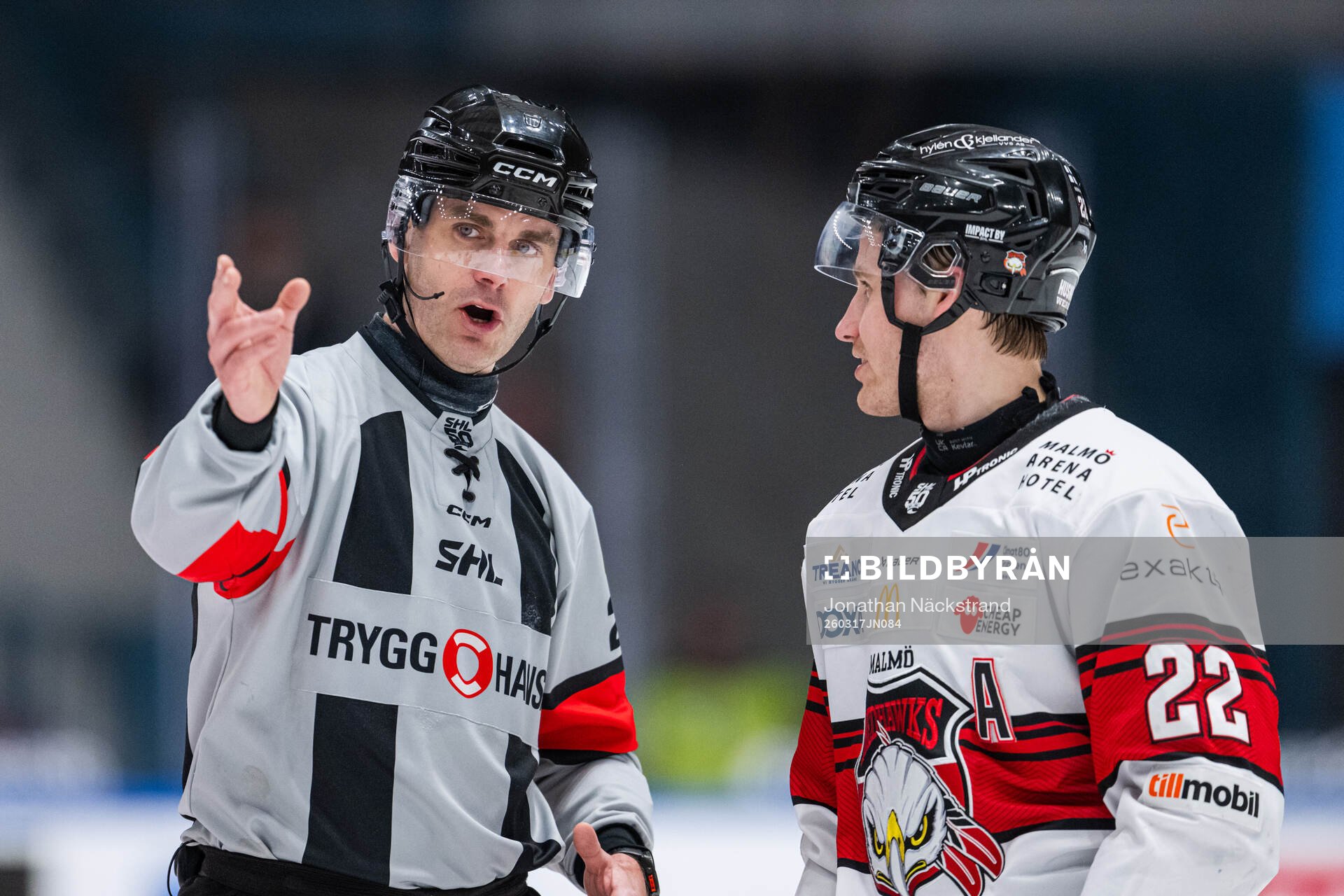 Domare Richard Magnusson och Malmö Redhawks Janne Kuokkanen