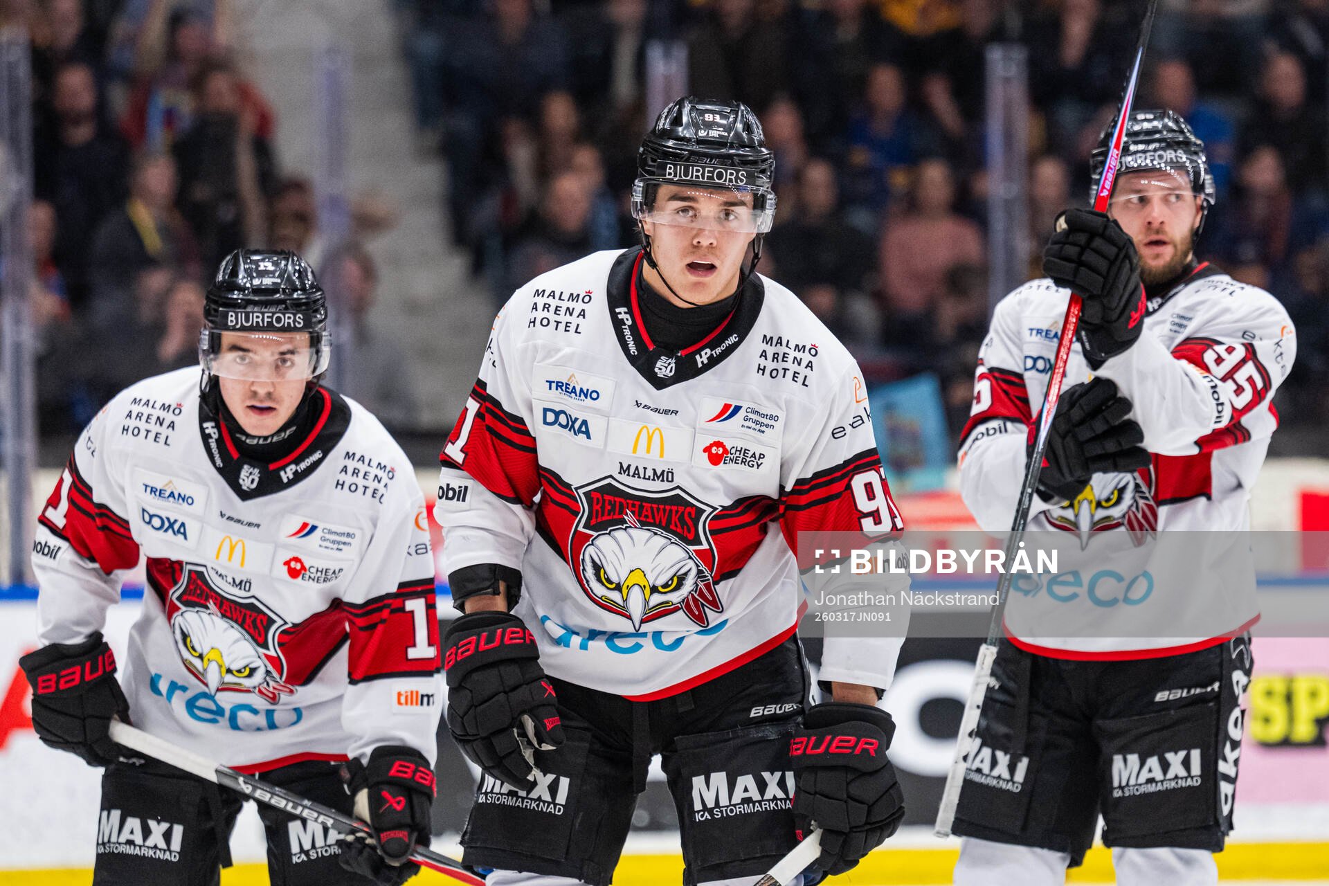 Malmö Redhawks Elia Pedrotti, Axel Sundberg och Carl