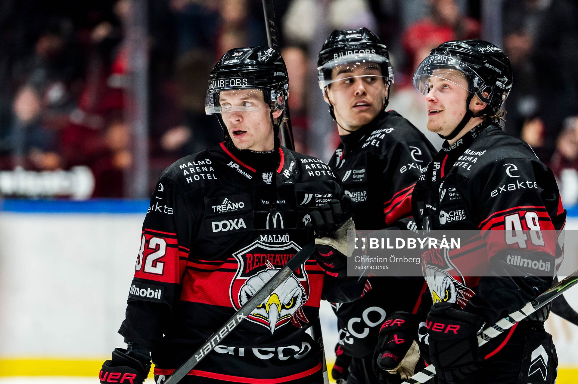 Malmö Redhawks Janne Kuokkanen, Axel Sundberg och Lauri