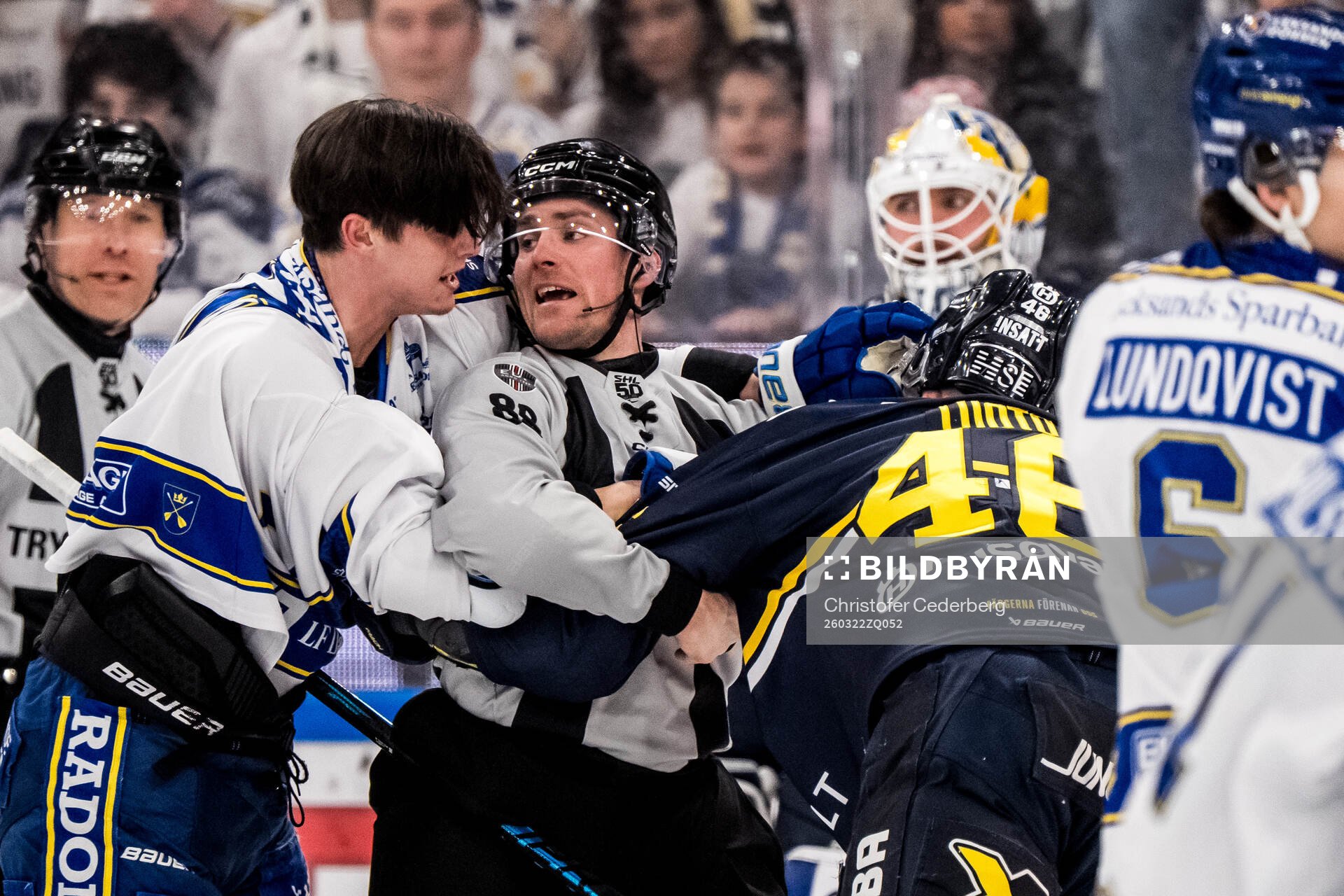 HV71s Joona Luoto och Leksands Anton Johansson bråkar