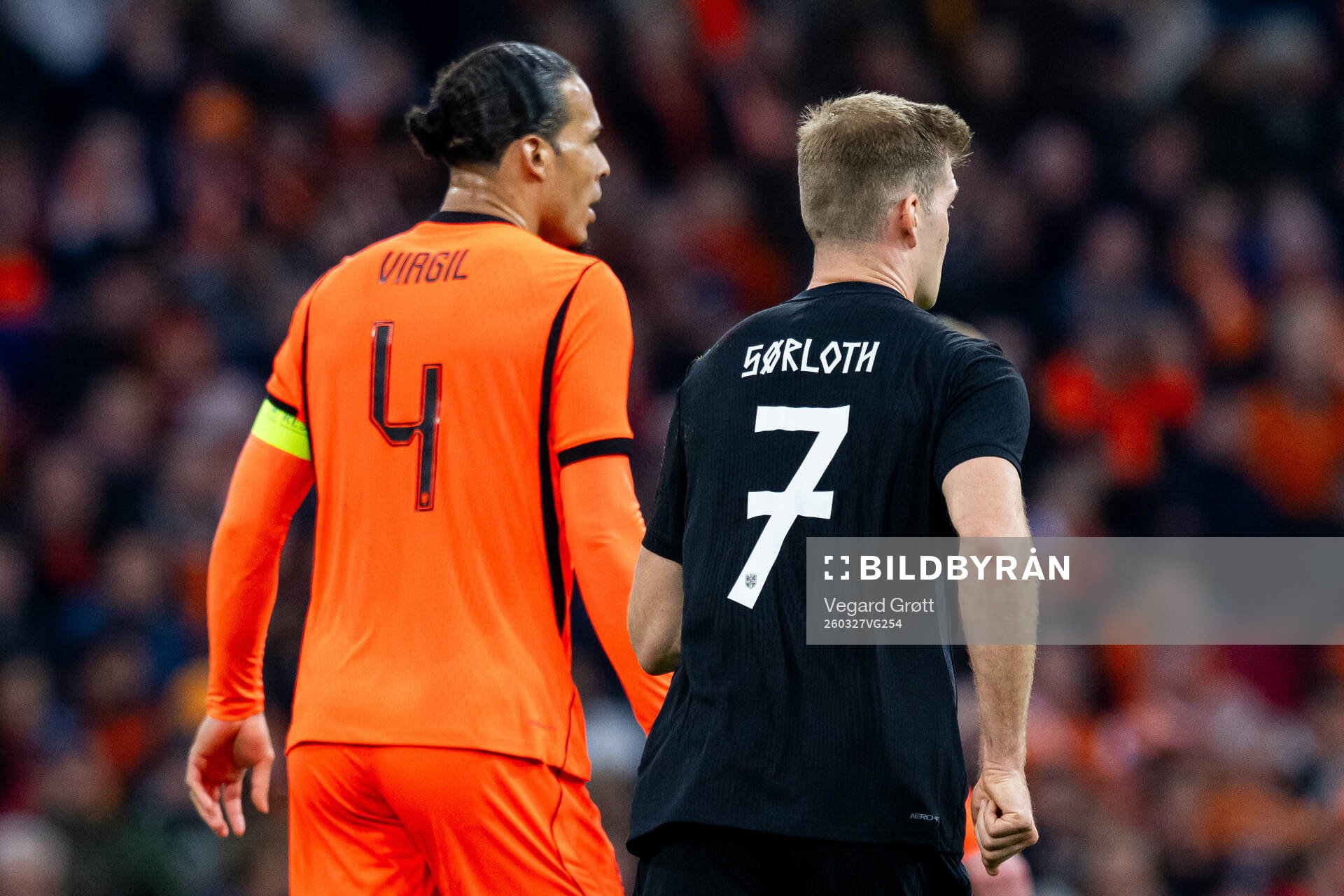 Virgil van Dijk of Netherlands and Alexander Sørloth of