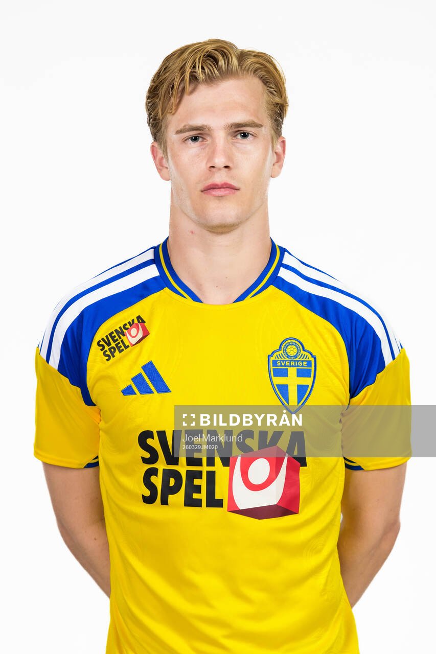 Lucas Bergvall of the Swedish national football team poses