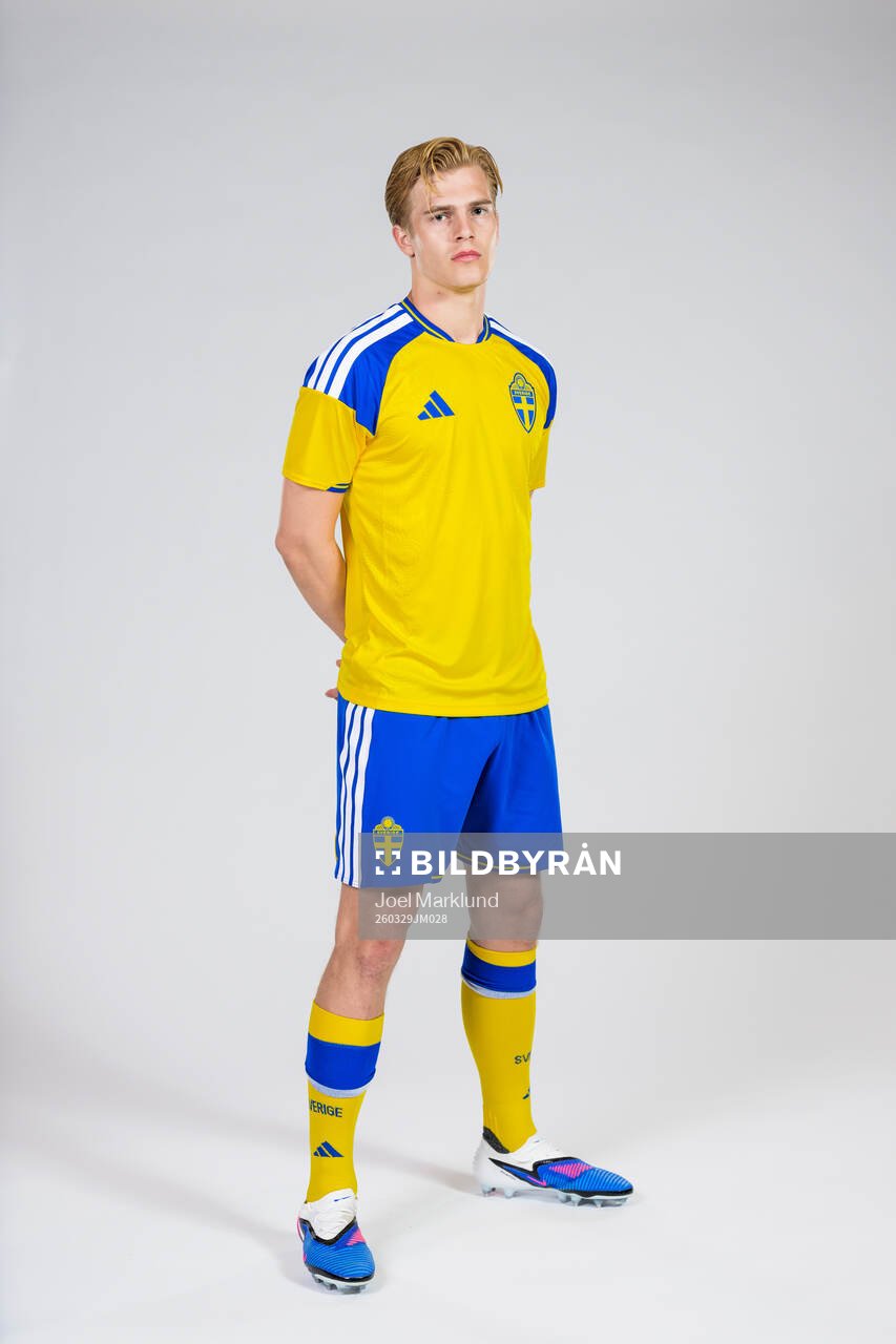 Lucas Bergvall of the Swedish national football team poses