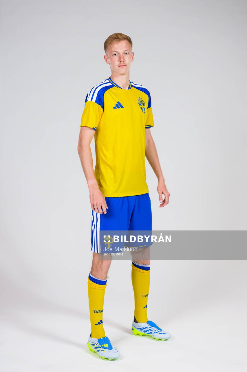 Hugo Larsson of the Swedish national football team poses