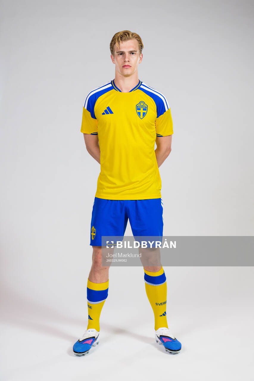 Lucas Bergvall of the Swedish national football team poses