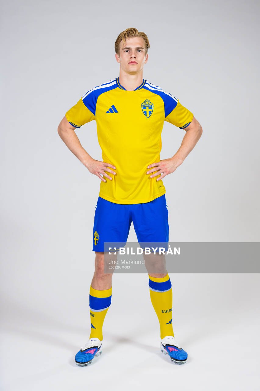 Lucas Bergvall of the Swedish national football team poses