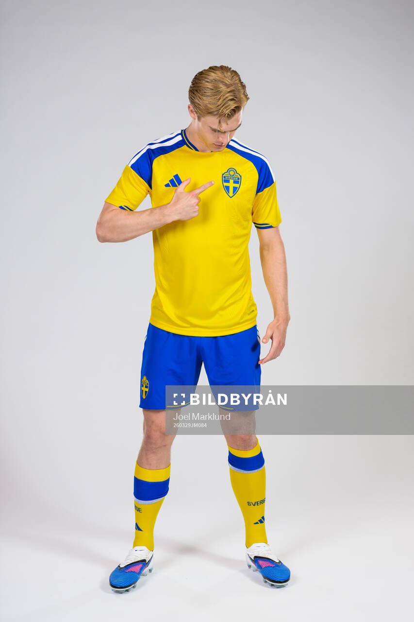 Lucas Bergvall of the Swedish national football team poses