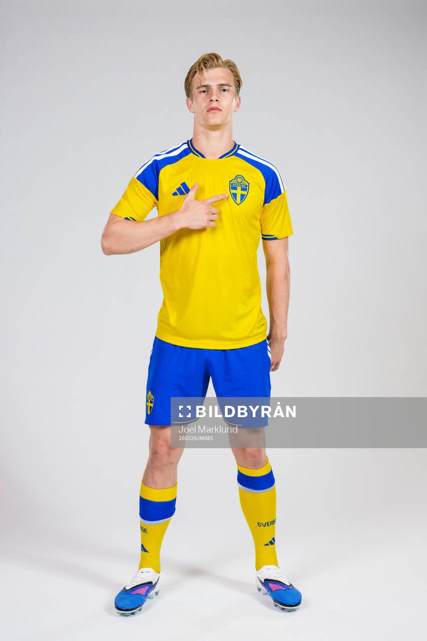 Lucas Bergvall of the Swedish national football team poses