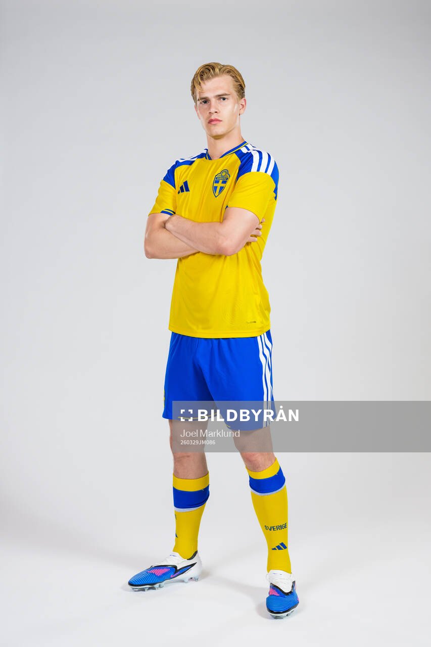 Lucas Bergvall of the Swedish national football team poses