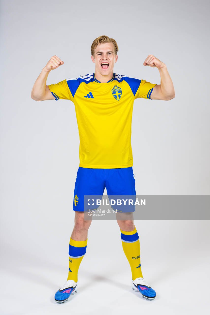 Lucas Bergvall of the Swedish national football team poses