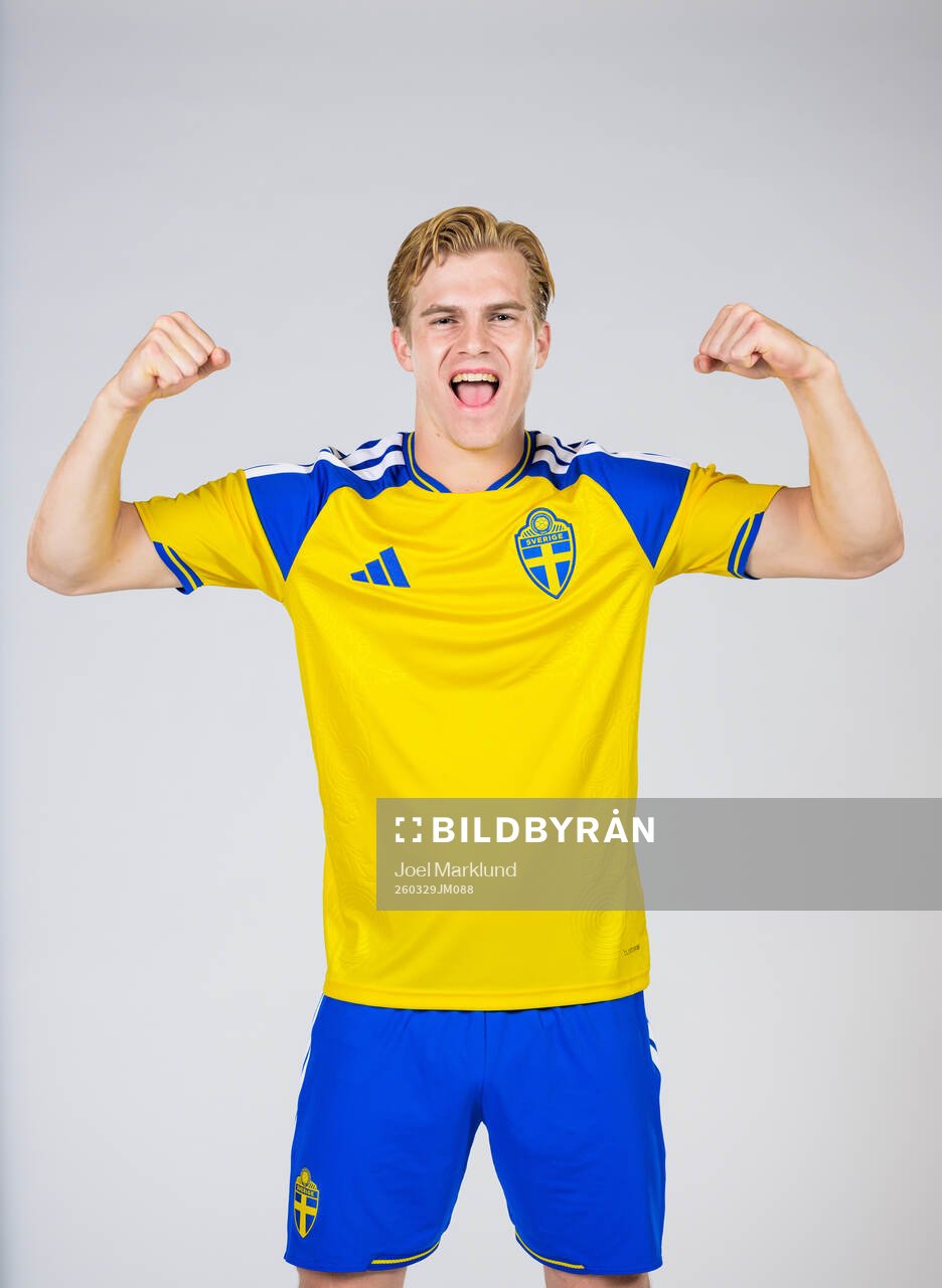 Lucas Bergvall of the Swedish national football team poses