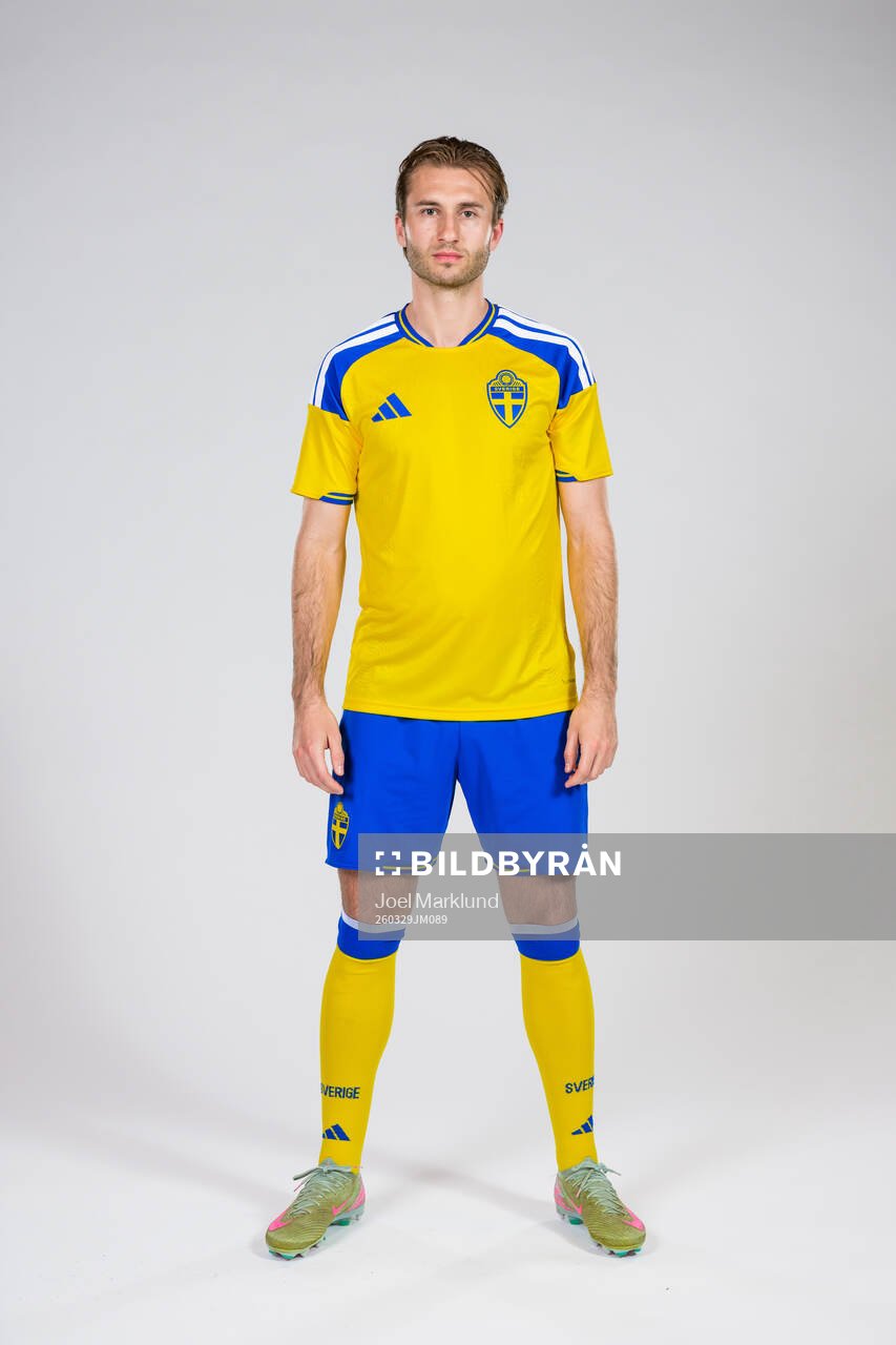 Benjamin Nygren of the Swedish national football team poses