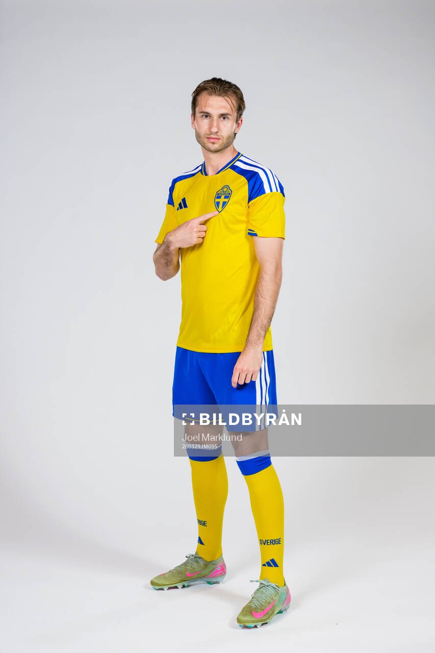 Benjamin Nygren of the Swedish national football team poses