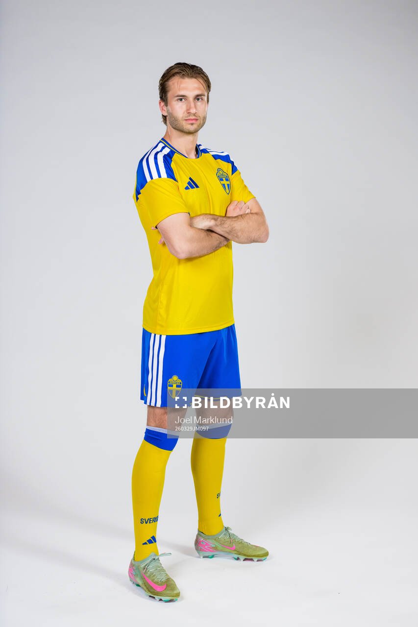 Benjamin Nygren of the Swedish national football team poses