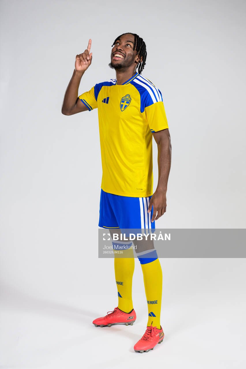 Anthony Elanga of the Swedish national football team poses