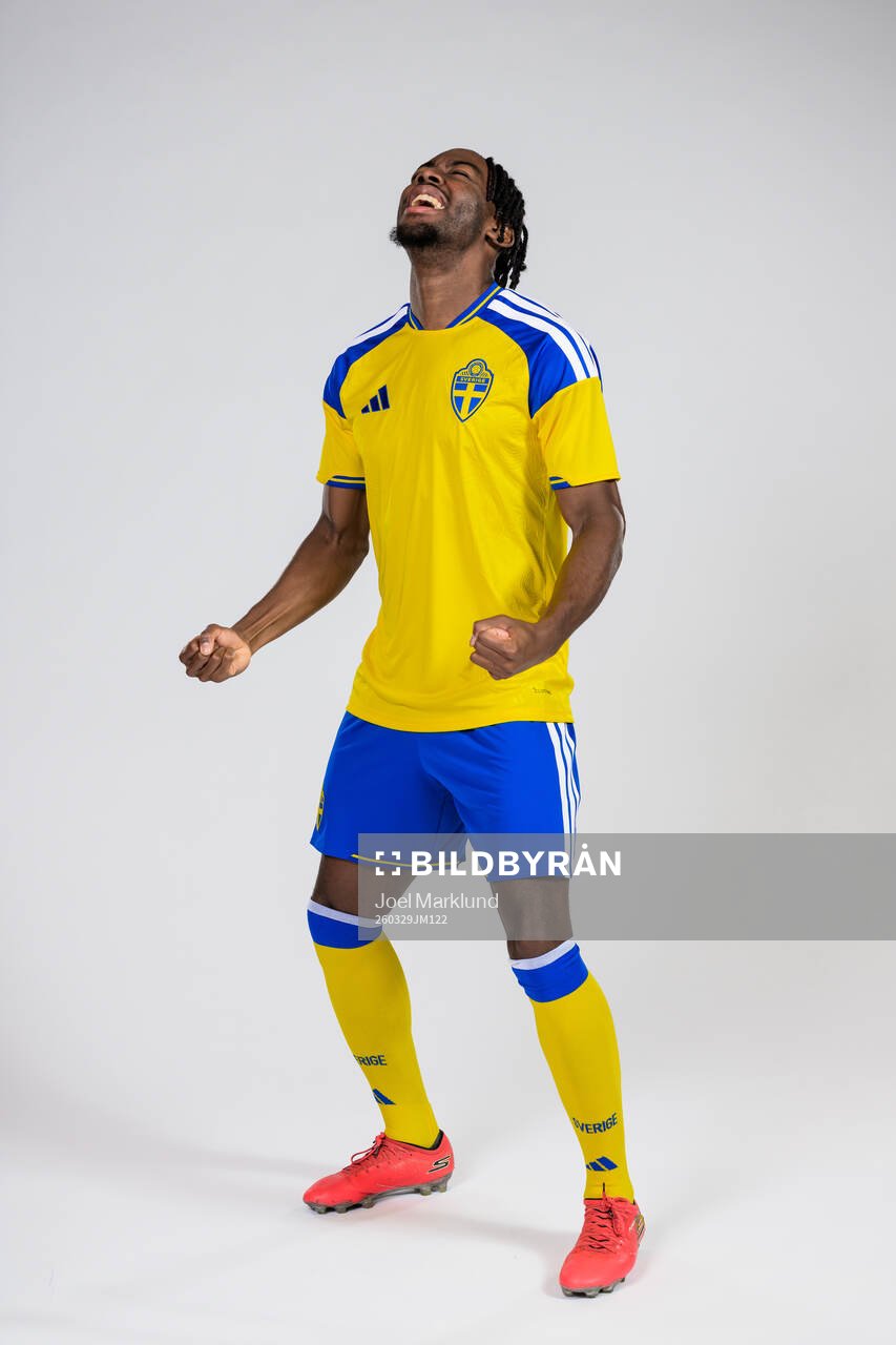 Anthony Elanga of the Swedish national football team poses
