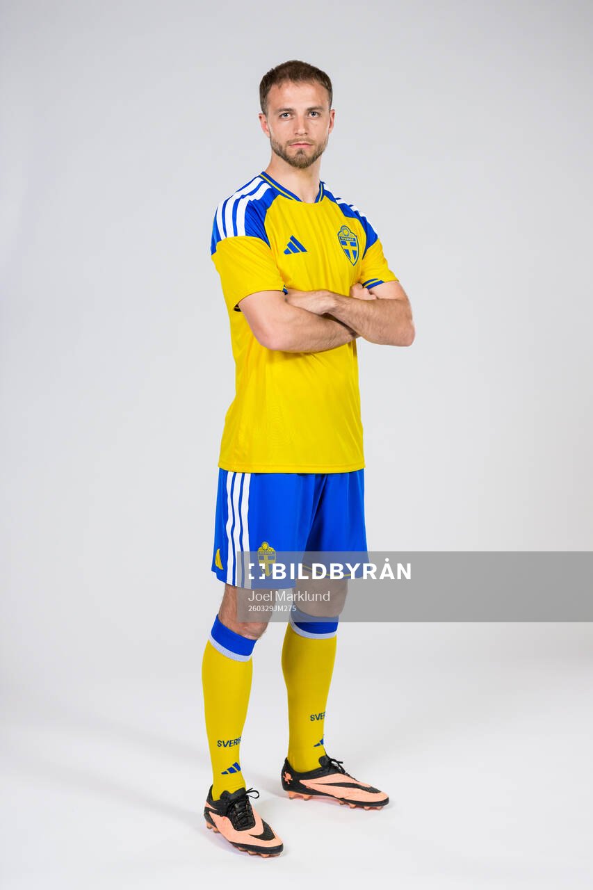 Gustav Lundgren of the Swedish national football team poses