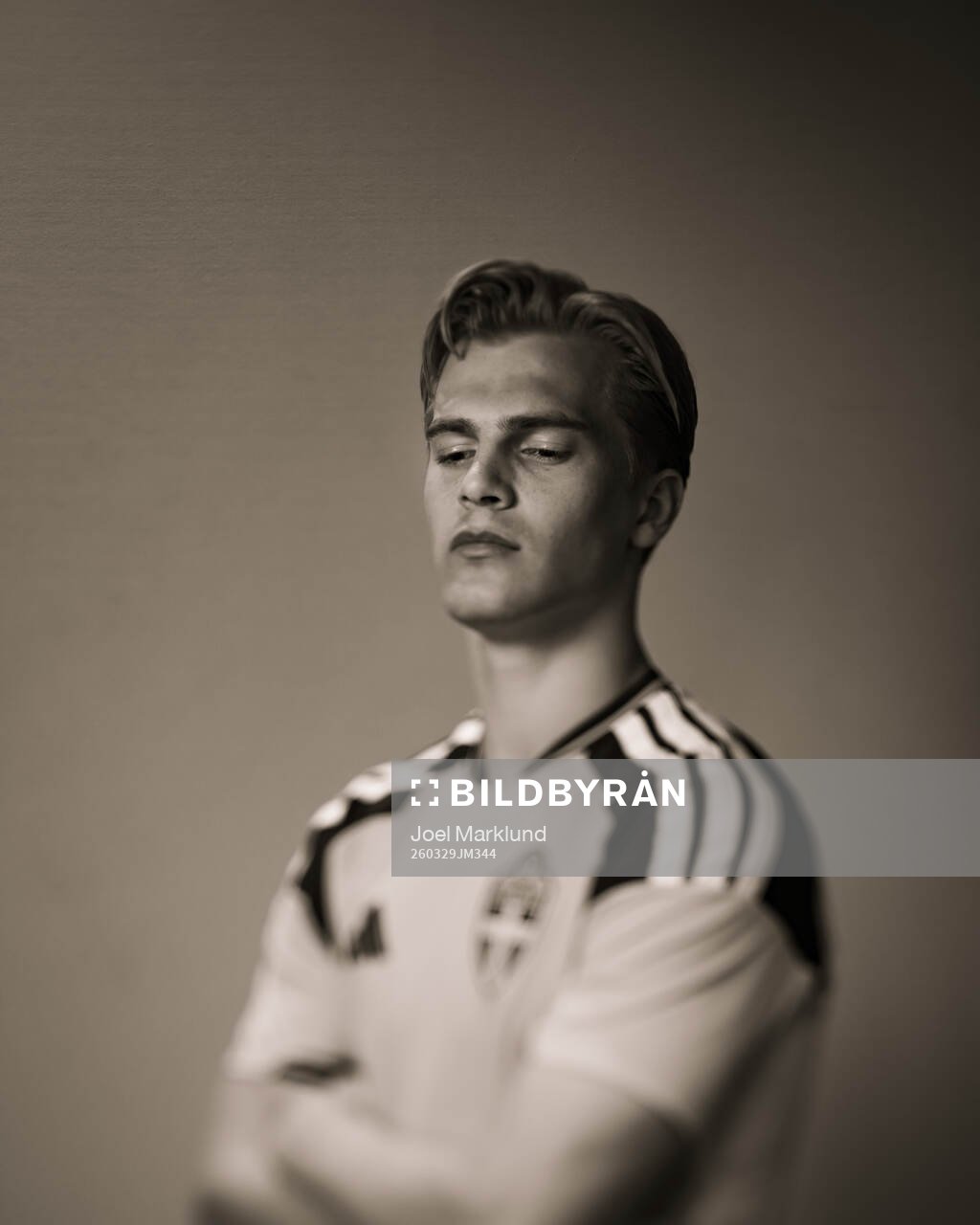 Lucas Bergvall of the Swedish national football team poses