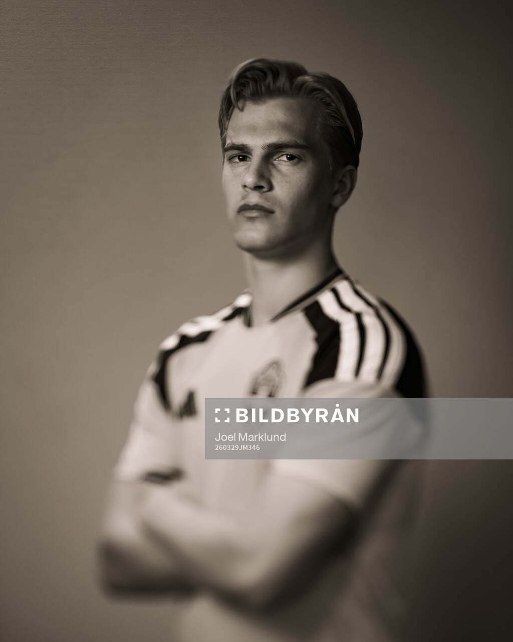 Lucas Bergvall of the Swedish national football team poses